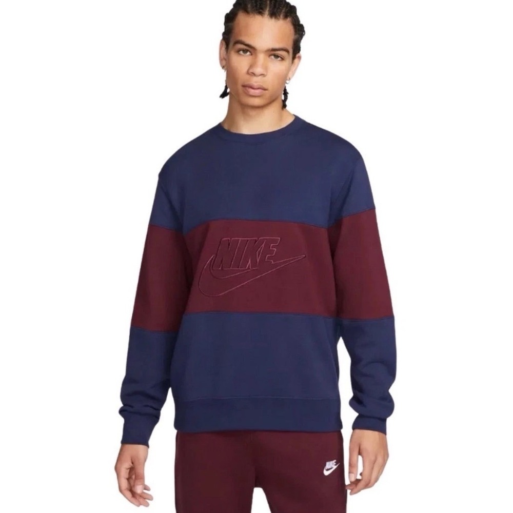 Nike Mens Sportswear Club Fleece Colorblock Sweatshirt Navy Burgundy Large